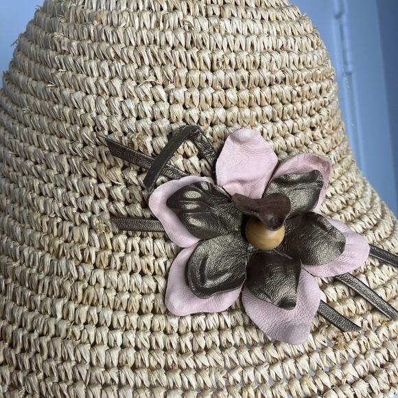 Anthropologie Eugenia Kim Bucket Sun Hat Natural Neutrals Straw Leather Flower - Picture 5 of 8